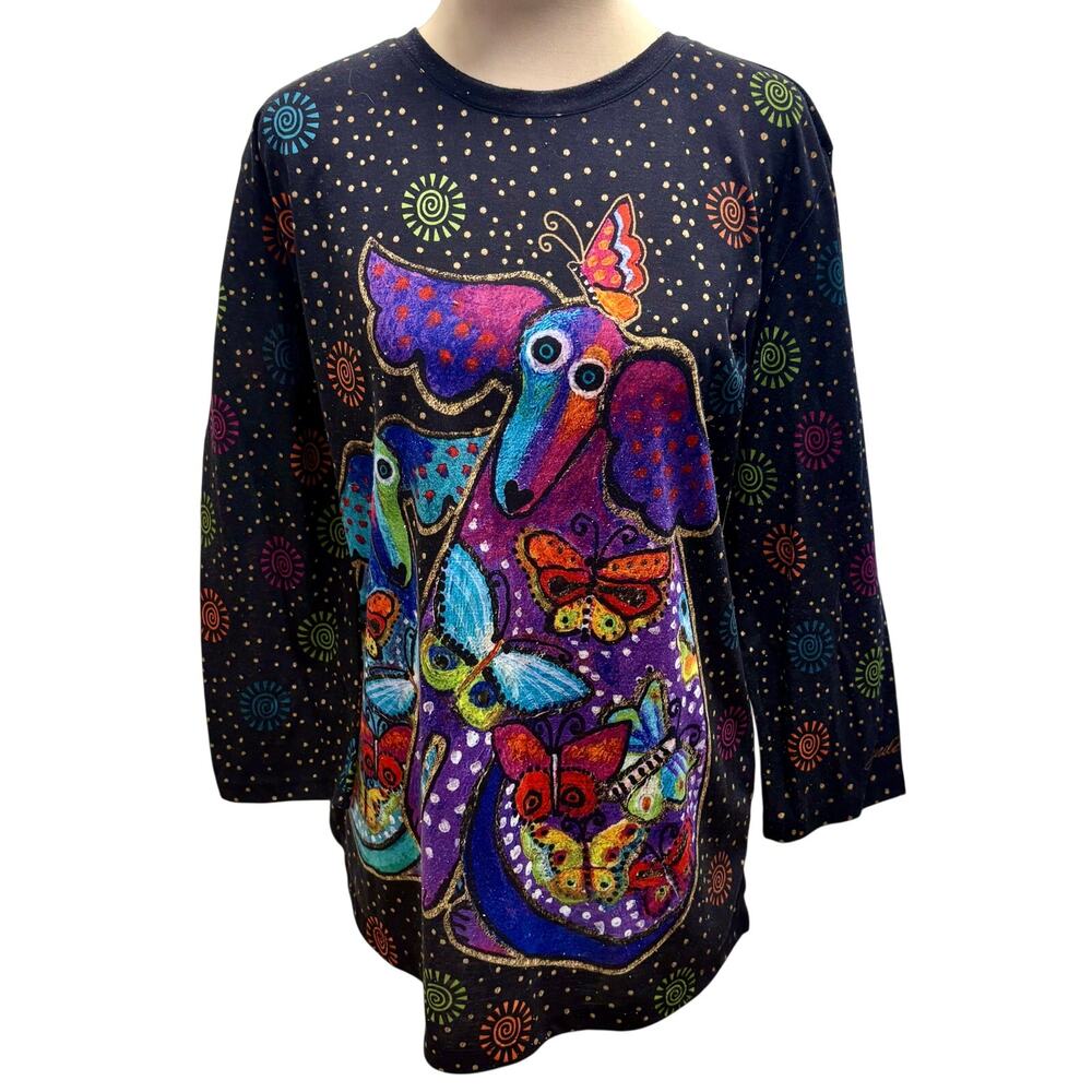 Vintage Y2K Laurel Burch Black Dog Butterfly Dot Top XXL